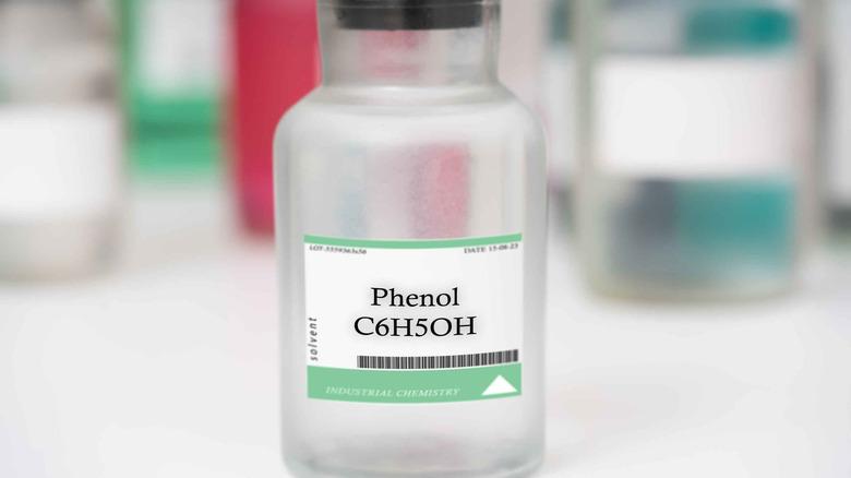Close-up of a bottle of Phenol