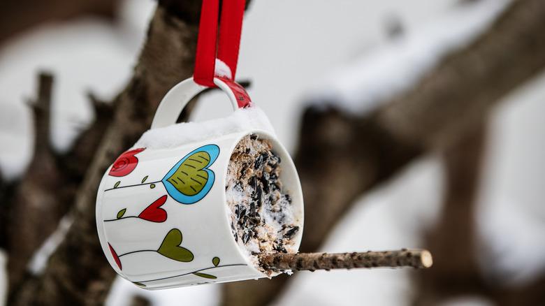 Bird feeder made from coffee cup and frozen bird seed in snow-covered tree