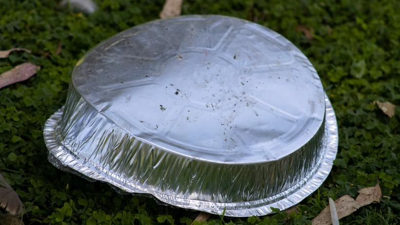 Empty pie pan laying upside on grass