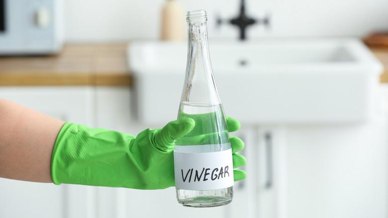 a person wearing a green glove holding a bottle of vinegar in the kitchen