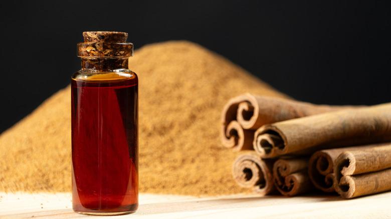 Glass bottle of cinnamon oil on the background of cinnamon sticks and ground cinnamon