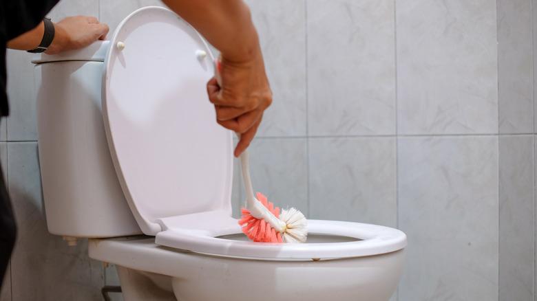 a person using a scrub brush to clean the inside of a toilet bowl