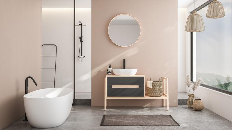 vanity sink with storage in modern bathroom with neutral colors