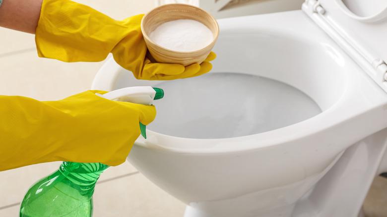 Person in rubber gloves cleaning toilet bowl with baking soda and sprayer,