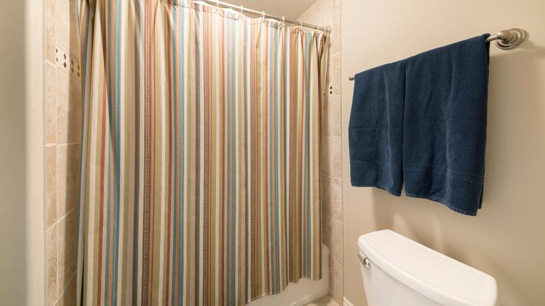 bathroom with striped shower curtain