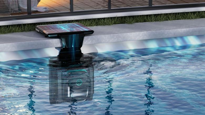 wybot s2solar charger on the side of a pool